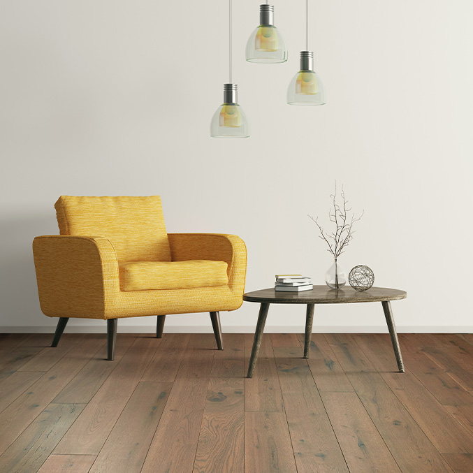 Floor Coverings International living room yellow chair floor brown viny wood